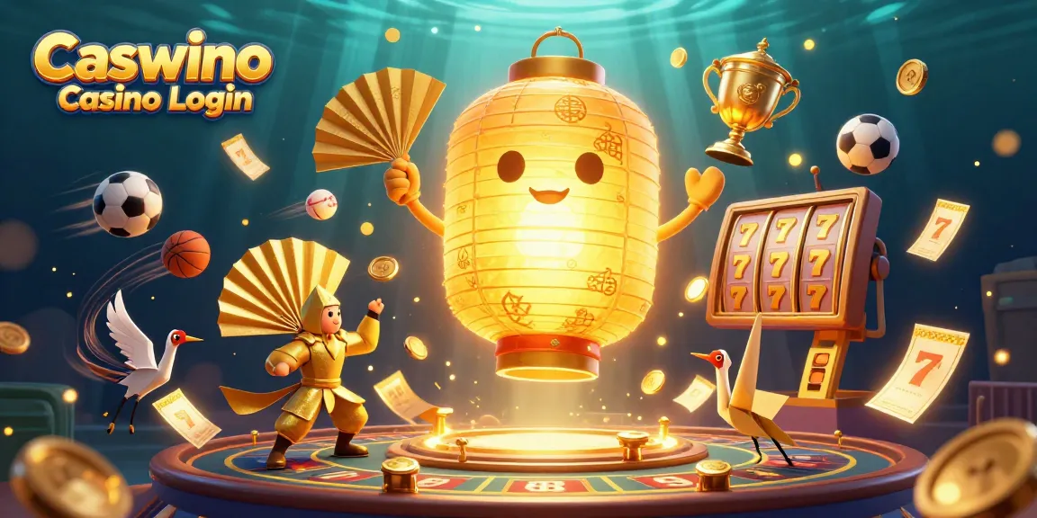 Access Caswino Casino Login with a vibrant illustration of a floating golden lantern spirit surrounded by slot reels, sports elements, and lucky symbols.