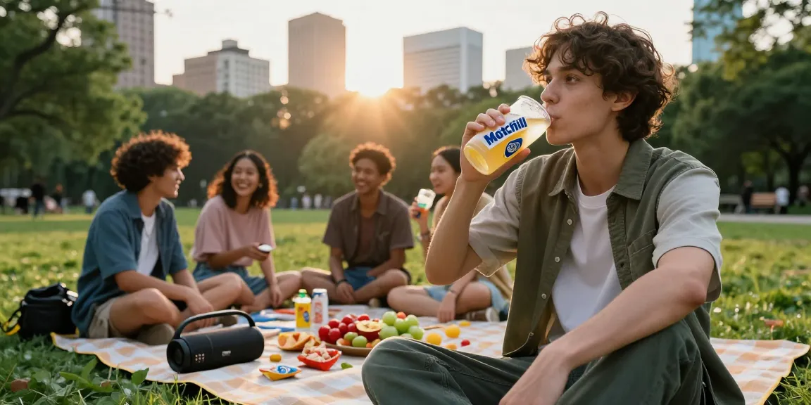 Enjoying a vibrant outdoor moment with Motchill drinks in a city park