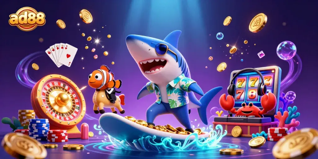 Experience ad88 excitement with a vibrant 3D casino scene showcasing a shark, clownfish, and crab DJ.