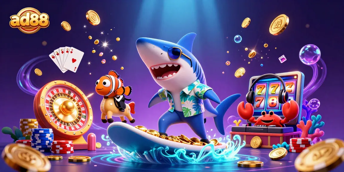 Experience ad88 excitement with a vibrant 3D casino scene showcasing a shark, clownfish, and crab DJ.