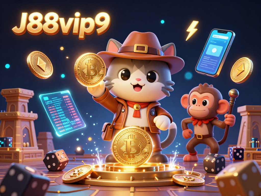 Engage in thrilling gaming with J88vip9 as the cat archaeologist uncovers treasures amid glowing cryptocurrencies.