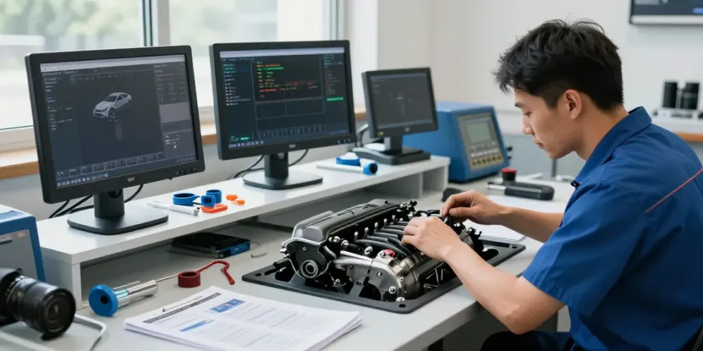 BMW Werkstatt Hannover: Fachmann arbeitet an einem BMW-Motor in einer modernen Werkstatt.