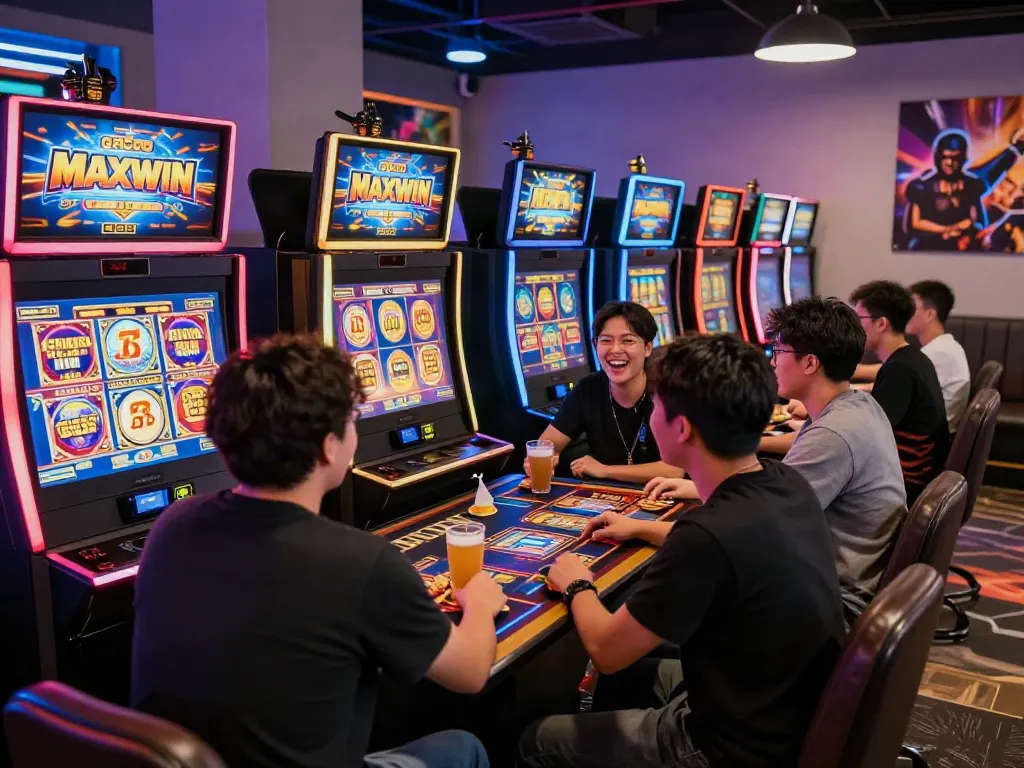 Group enjoying slot gacor maxwin games in vibrant gaming lounge atmosphere.