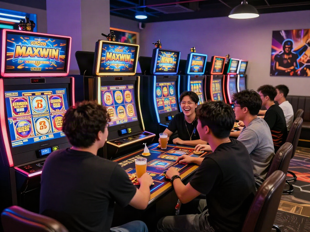Group enjoying slot gacor maxwin games in vibrant gaming lounge atmosphere.