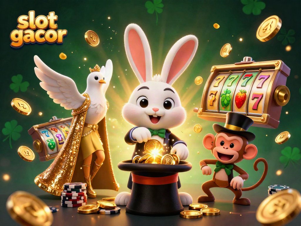 Experience excitement with slot gacor characters as they spin jackpots and pull coins in a magical scene.