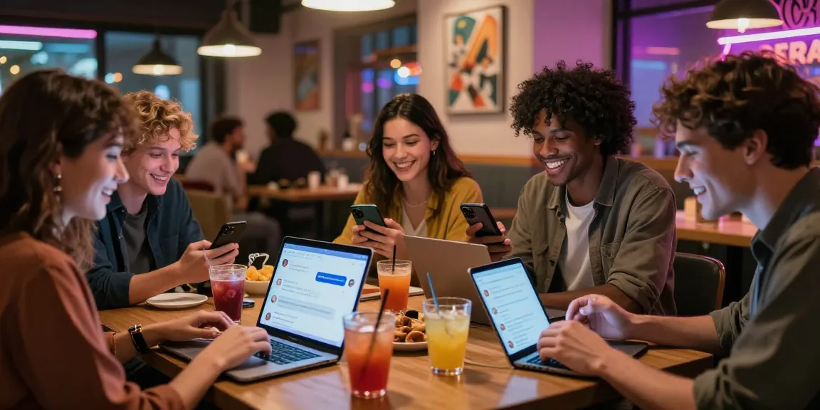 Engaged friends exploring ai chat nsfw technology in a vibrant café setting, showcasing modern social interaction.