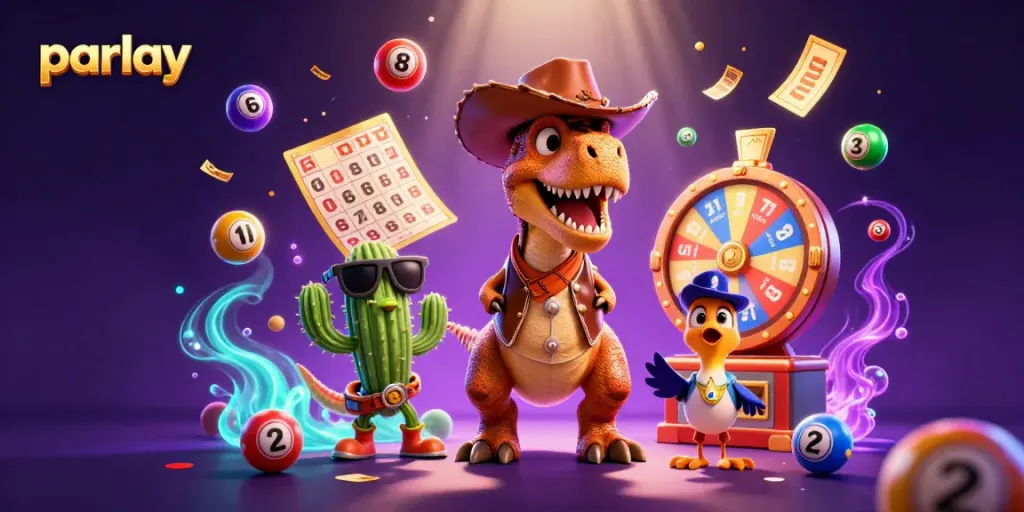 Experience parlay betting strategies with vibrant casino-themed 3D illustration including a T-Rex, cactus, and more.
