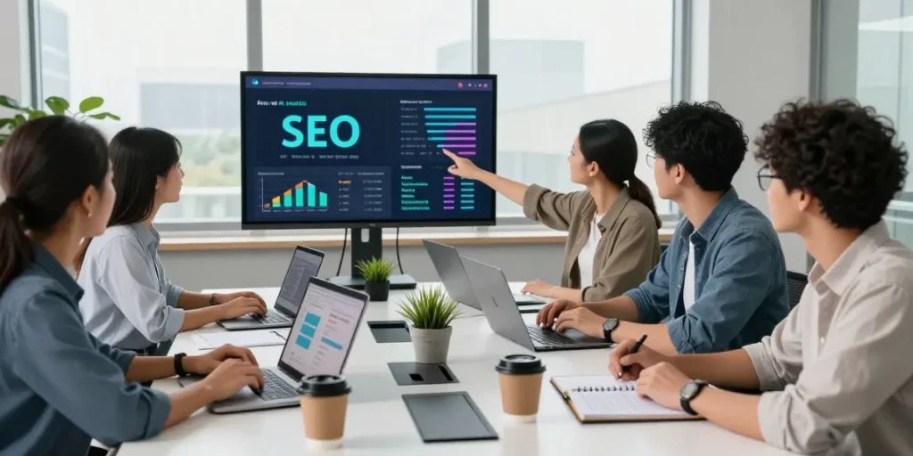 Team collaborating on AI SEO tools strategies in a bright modern office setting