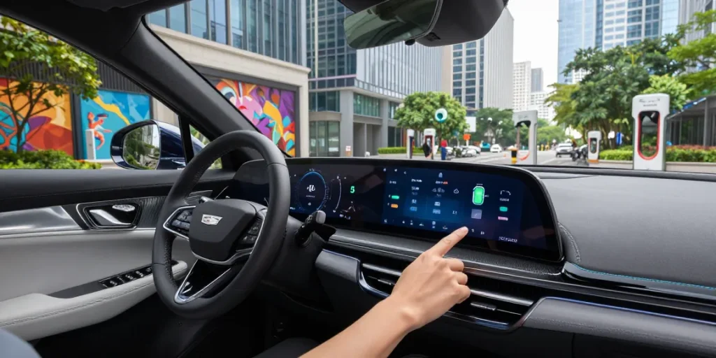 Driver adjusting modes in Cadillac Lyriq, illustrating how the driving modes in Cadillac Lyriq offer different ranges or battery usages.