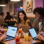 Engaged friends exploring ai chat nsfw technology in a vibrant café setting, showcasing modern social interaction.