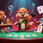 Go8 hyenas perform comedy in a vibrant casino scene with poker elements and glowing effects.