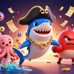 Join the excitement of MM88 LINK with cartoon characters in a vibrant casino scene full of games and prizes.