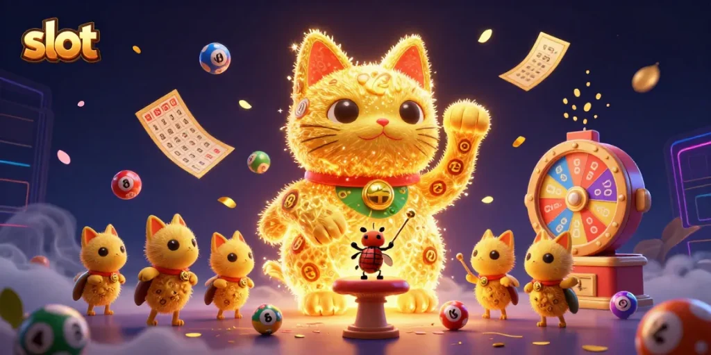 Spin the slot with vibrant golden fireflies and lucky cat symbols in a captivating 3D scene.