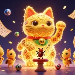 Spin the slot with vibrant golden fireflies and lucky cat symbols in a captivating 3D scene.