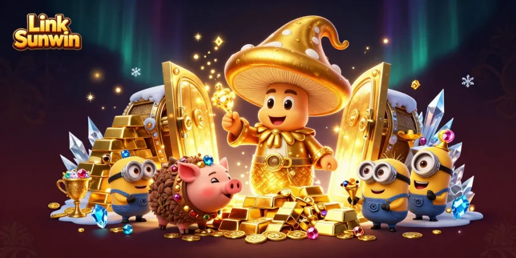 Experience the magic of winning at Link Sunwin with golden treasures and vibrant casino elements.
