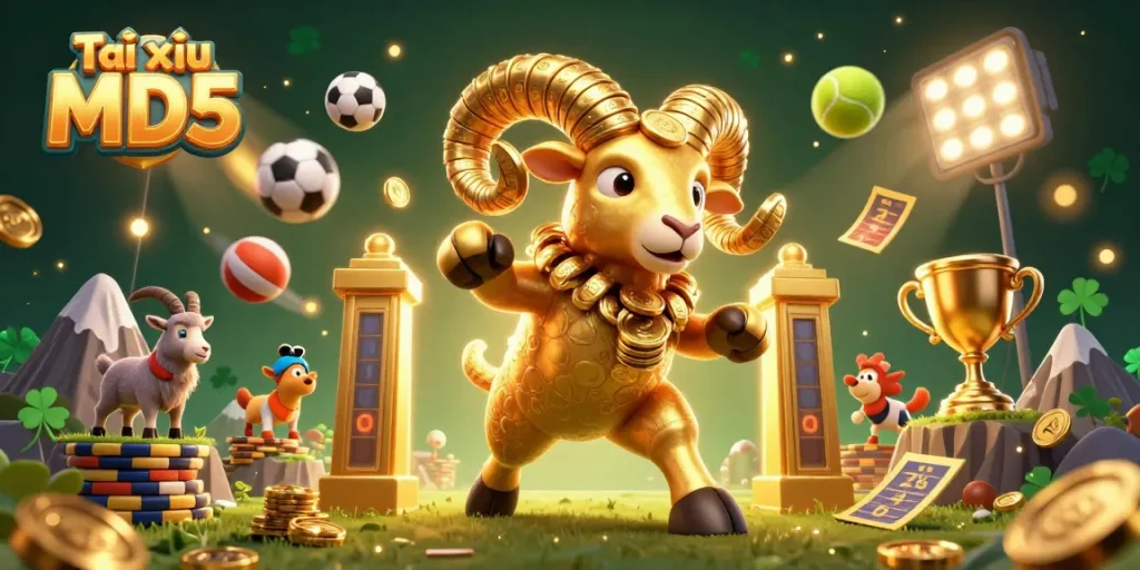 Experience thrilling Tài xỉu MD5 action illustrated with a golden ram amidst dynamic sports elements.