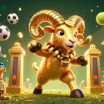 Experience thrilling Tài xỉu MD5 action illustrated with a golden ram amidst dynamic sports elements.