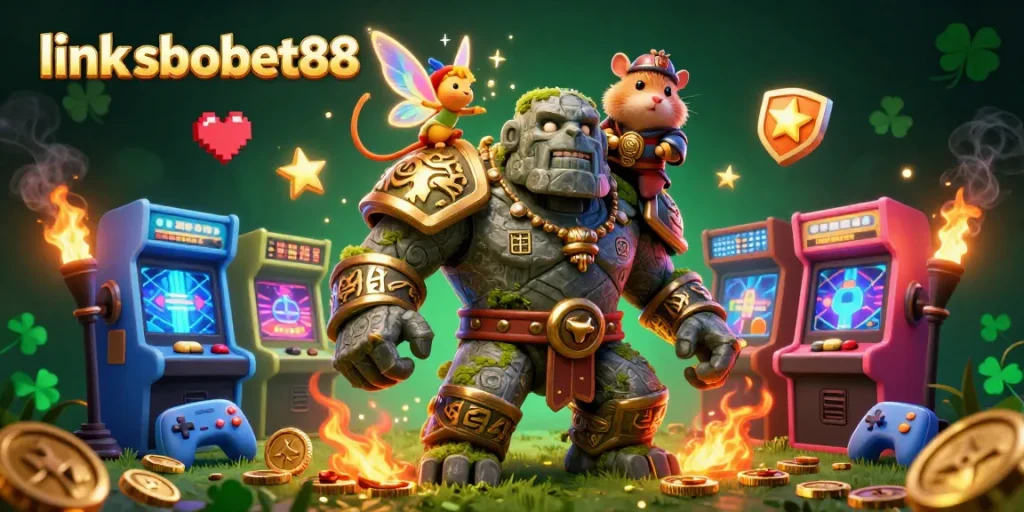 Bet on action with link sbobet88, featuring a magical golem guardian with dynamic casino elements.
