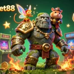 Bet on action with link sbobet88, featuring a magical golem guardian with dynamic casino elements.