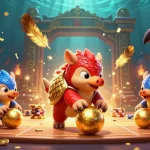 Engage in the excitement of 566bet with lively pangolins bowling through poker chips in a vibrant casino setting.