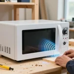 Shashel microwave wood treatment device in a workshop for eco-friendly elimination of wood-boring insects.