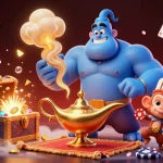 Engage with Bosjoko's vibrant casino scene featuring a genie, monkey, and poker chips.