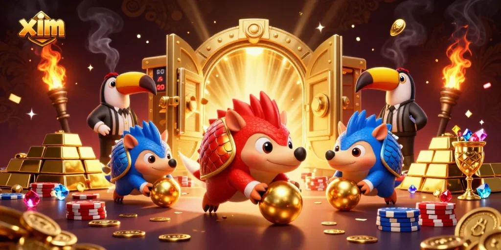 Experience thrilling gambling action with xim as rival pangolins bowl through stacks of poker chips.