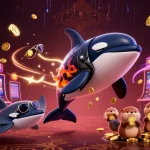 Experience thrilling wins at "situs slot" with 3D characters surrounded by vivid slot machines and golden coins.