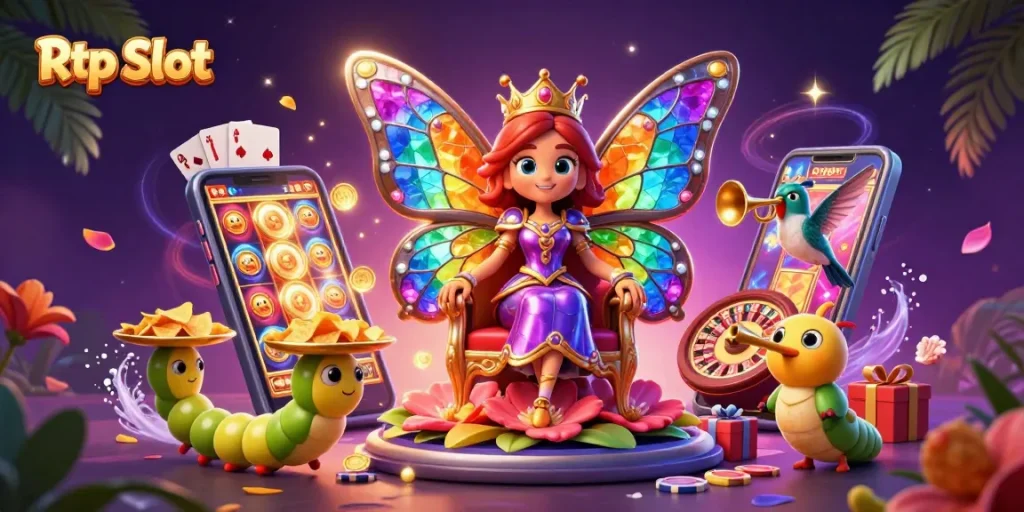 Engage with Rtp Slot's vibrant scene featuring a butterfly queen amidst colorful gaming elements.