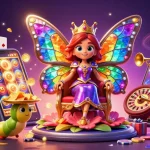 Engage with Rtp Slot's vibrant scene featuring a butterfly queen amidst colorful gaming elements.