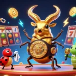 Daftar slot dengan gulungan mesin slot dan simbol keberuntungan serta karakter unik di arena pertarungan.