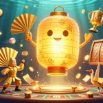 Access Caswino Casino Login with a vibrant illustration of a floating golden lantern spirit surrounded by slot reels, sports elements, and lucky symbols.