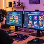 situs judi slot online terpercaya player seated at a stylish gaming setup, colorful slot games displayed on screen, showcasing an engaging gaming atmosphere.
