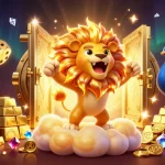 Experience the thrill of fv88 with vibrant gaming elements and a triumphant sun lion in a dazzling casino scene.