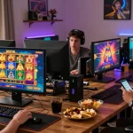 Exciting gaming experience on WD138.com with players enjoying online slots in a vibrant home setup.