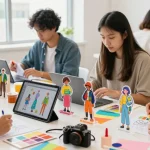Creative team designing custom acrylic stand in vibrant workspace.