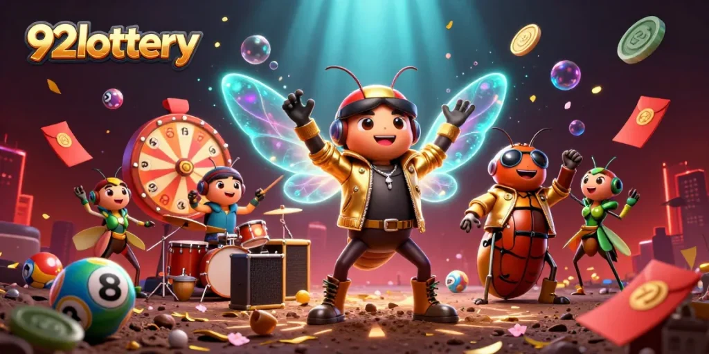 Experience the thrill of 92lottery with vibrant lottery elements and dynamic characters in a rich 3D illustration.