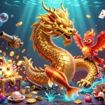 Engage with FLy88’s gaming adventure featuring a dragon, koi fish, and phoenix amid treasure.