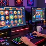 Engaging scene of a player experiencing link slot88 online, immersed in vibrant slot games with dynamic gaming setup.