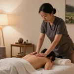 길동출장안마 in a cozy living room with a therapist providing a relaxing massage.