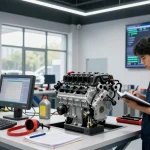 Mechanic examining NAGA2000 engine module in high-tech automotive service center, surrounded by diagnostic tools and digital displays.
