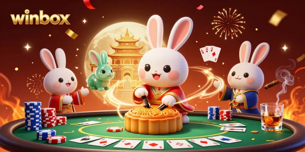 Winbox brings excitement with a lively scene of a moon rabbit revealing poker chips in a vibrant casino atmosphere.