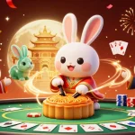 Winbox brings excitement with a lively scene of a moon rabbit revealing poker chips in a vibrant casino atmosphere.