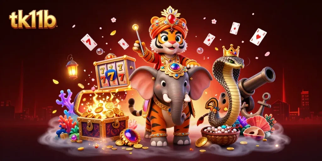 Spin the reels at tk11b with a vibrant and dynamic 3D casino illustration.