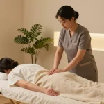 판교출장마사지 session in a calming home environment with professional therapist and essential oils.